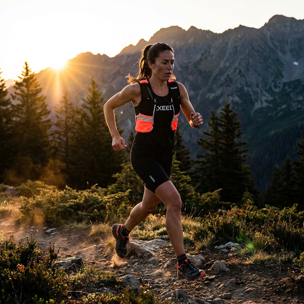 Athlete trail running at sunrise